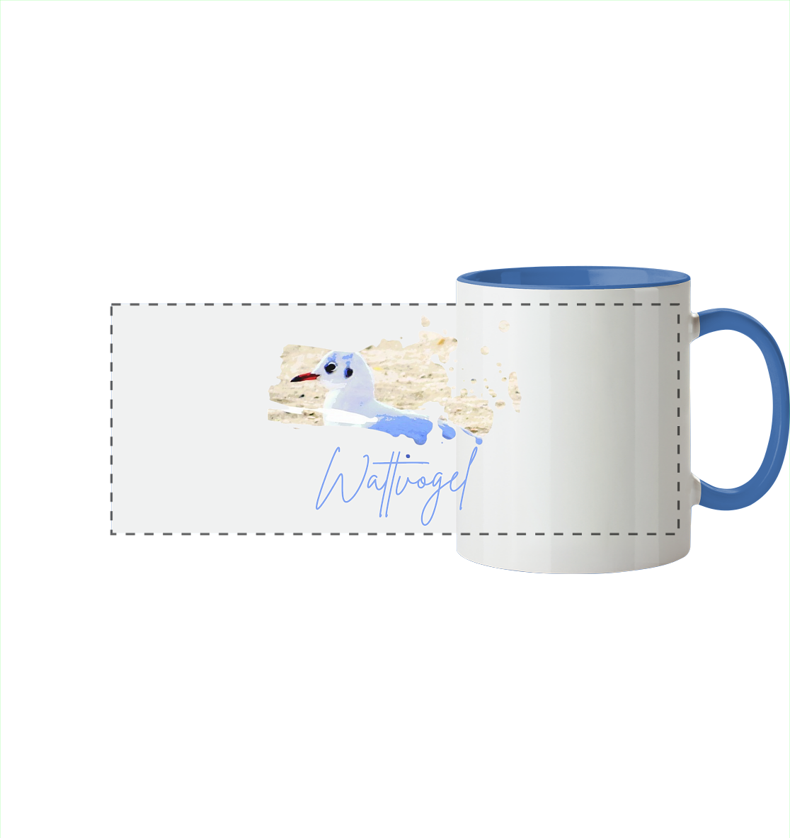 Wattvogel® – Nordsee Möwe im maritimen Kunst-Stil - Panorama Tasse zweifarbig