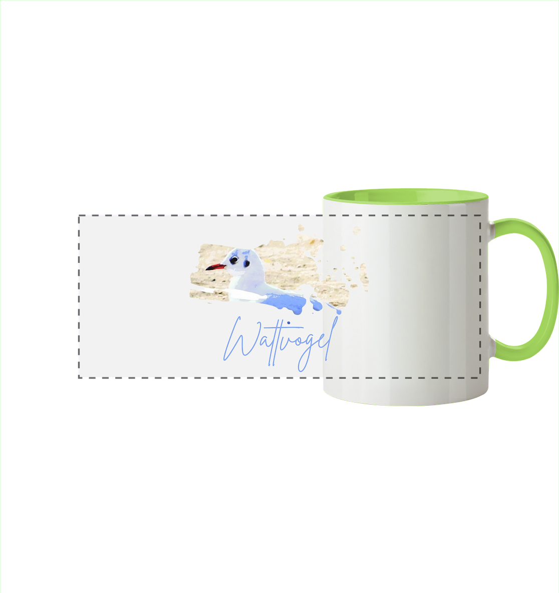 Wattvogel® – Nordsee Möwe im maritimen Kunst-Stil - Panorama Tasse zweifarbig