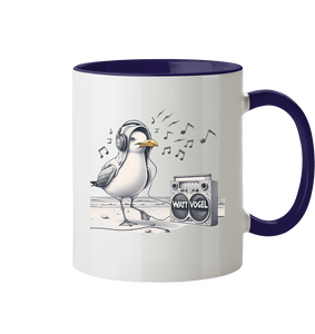 Tanzende Möwe mit Kaputze und Kopfhörer am Strand Nordsee Tasse zweifarbig