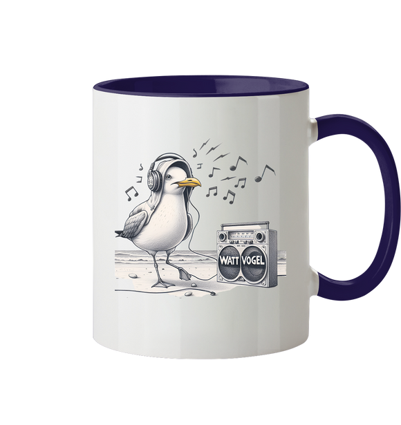 Tanzende Möwe mit Kaputze und Kopfhörer am Strand Nordsee Tasse zweifarbig