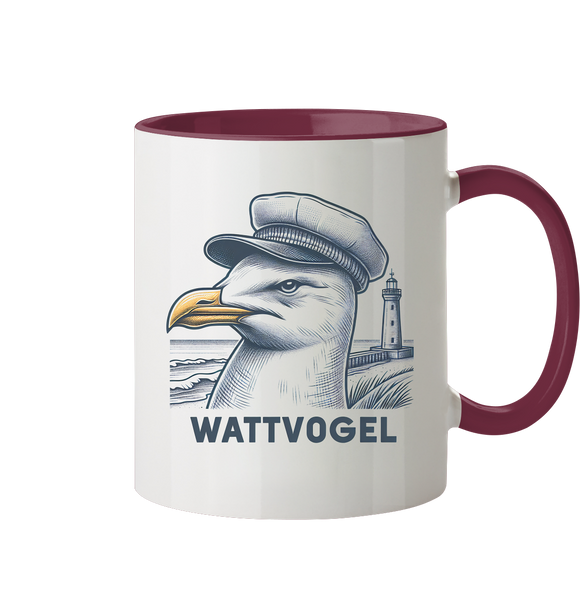 Lustige Möwe mit Kapitänsmütze Wattvogel am Nordsee Strand mit Leuchtturm - Tasse zweifarbig