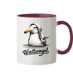 Tasse mit Möwe schwimmender Vogel mit Kaputze Wattvogel