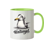 Tasse mit Möwe schwimmender Vogel mit Kaputze Wattvogel
