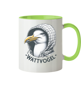 Motiv Möwe mit Kaputze Schriftzug Wattvogel  - Tasse zweifarbig
