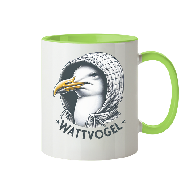 Motiv Möwe mit Kaputze Schriftzug Wattvogel  - Tasse zweifarbig