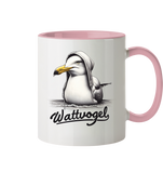 Tasse mit Möwe schwimmender Vogel mit Kaputze Wattvogel