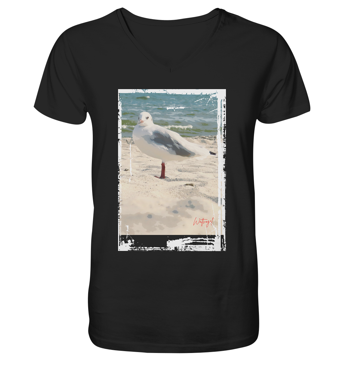 Wattvogel Nordsee Möwe am Strand - V-Neck Shirt Herren